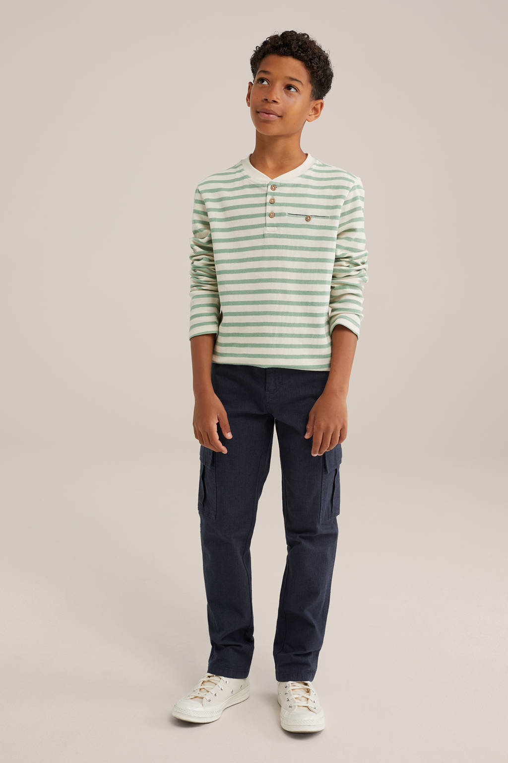 WE Fashion gestreepte longsleeve groen/ecru