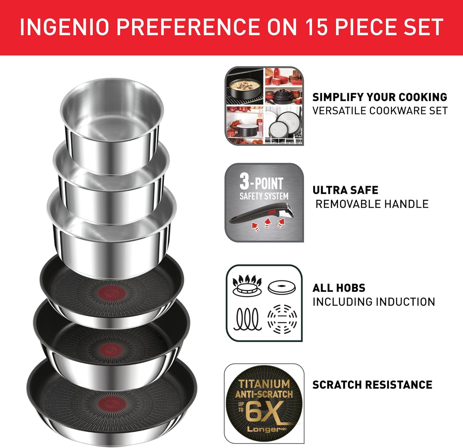 Tefal Ingenio Preference On 15-teiliges Topf und Pfannenset abnehmbarer Griff, stapelbar, platzsparend, Topfset Induktion mit Antihaftversiegelung, einfache Handhabung und Reinigung, L97495