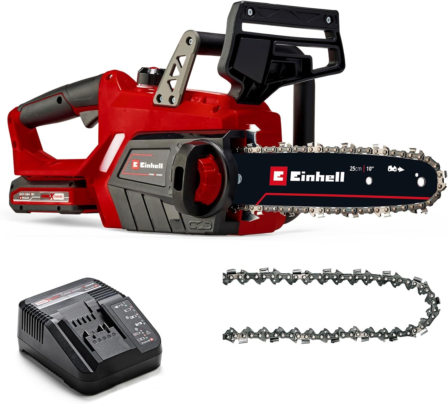 Einhell Akku-Kettensäge GE-LC 18/25 Li Kit Power X-Change (Li-Ion, 18 V, 25 cm Schwertlänge, Rückschlagschutz, Kettenfangbolzen, inkl. Ersatzkette 25 cm, 3,0 Ah Akku und Ladegerät)