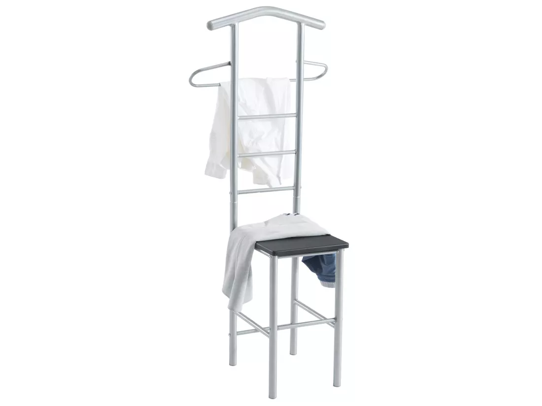 Lot de 2 valets de chambre JIVO chevalets de nuit portants pour vêtements, structure en métal argenté avec tablette en MDF noir mat