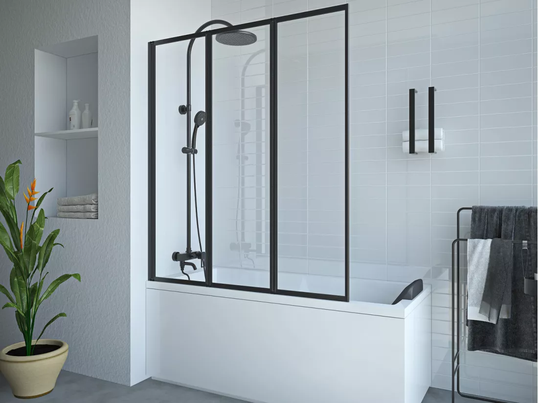 Pare baignoire pliant en métal style atelier - Noir mat - 120 x 140 cm - DISTRICT