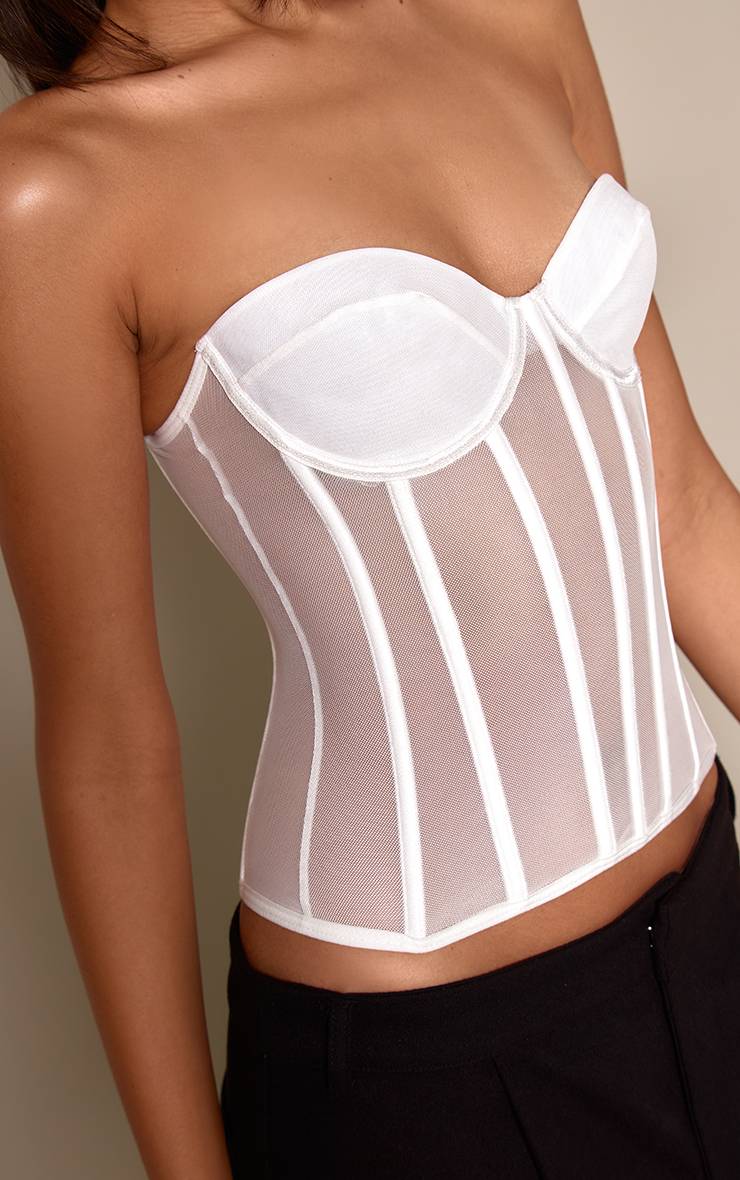 Blanc Corset Structuré En Résille À Lacets
