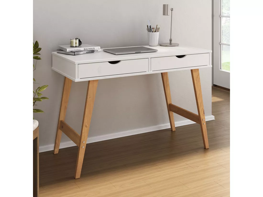 Bureau MILO en pin massif lasuré blanc avec 2 tiroirs de rangement