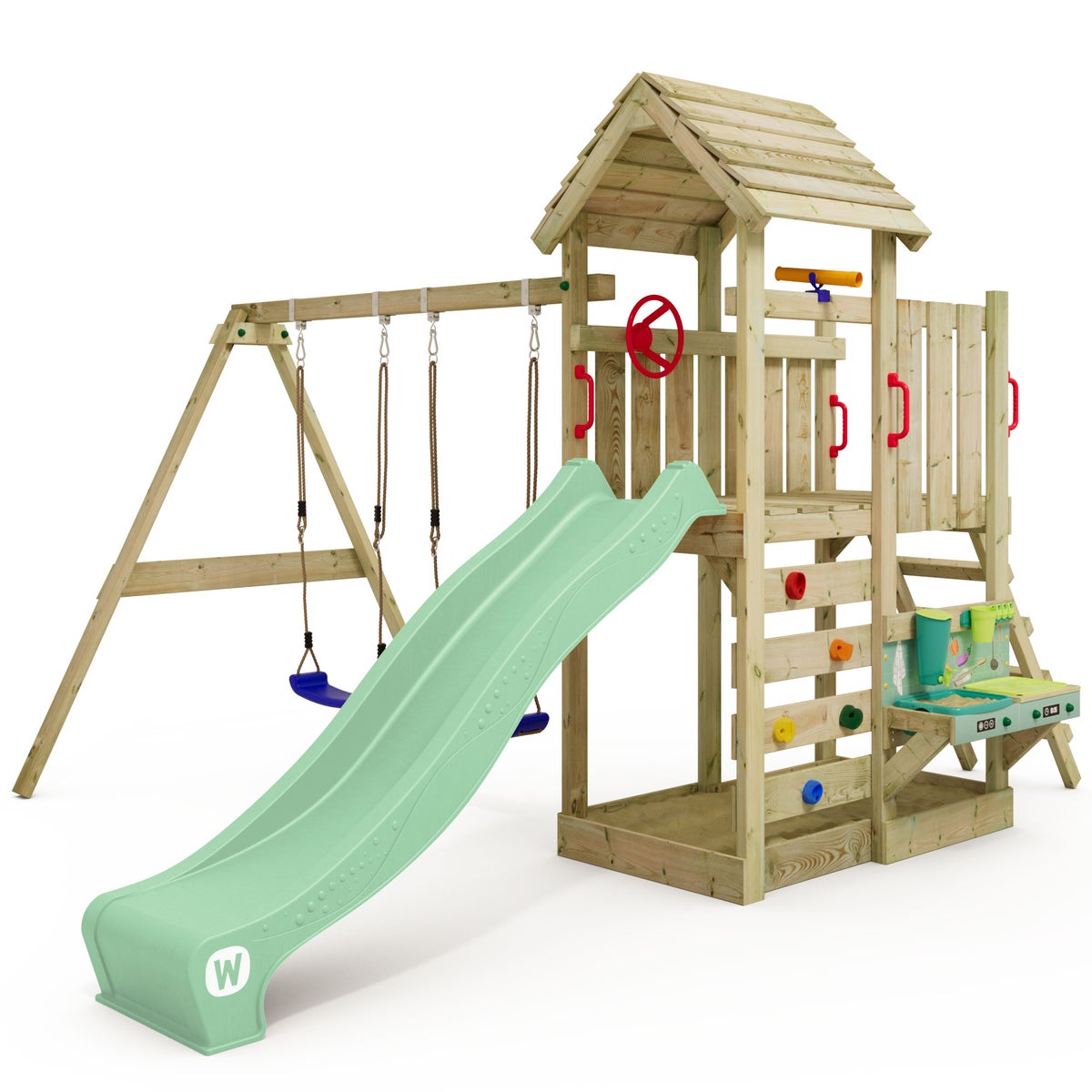 WICKEY MultiFlyer Speeltoren Klimrek met Houten Dak, Schommel en Glijbaan, Klimtoren met Houten Dak, Zandbak, Ladder en Modderkeuken - Pastelgroen