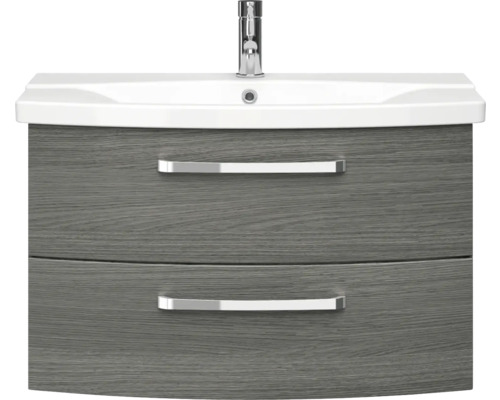 3-delige badkamermeubelset Pelipal xpressline 4010 BxHxD 84 x 200 x 45 cm, fronten in grafietstructuur (horizontaal patroon), met witte keramische wastafel en keramische badmeubel, wastafelkast, spiegelkast met LED-verlichting, chromen grepen, 4010.0