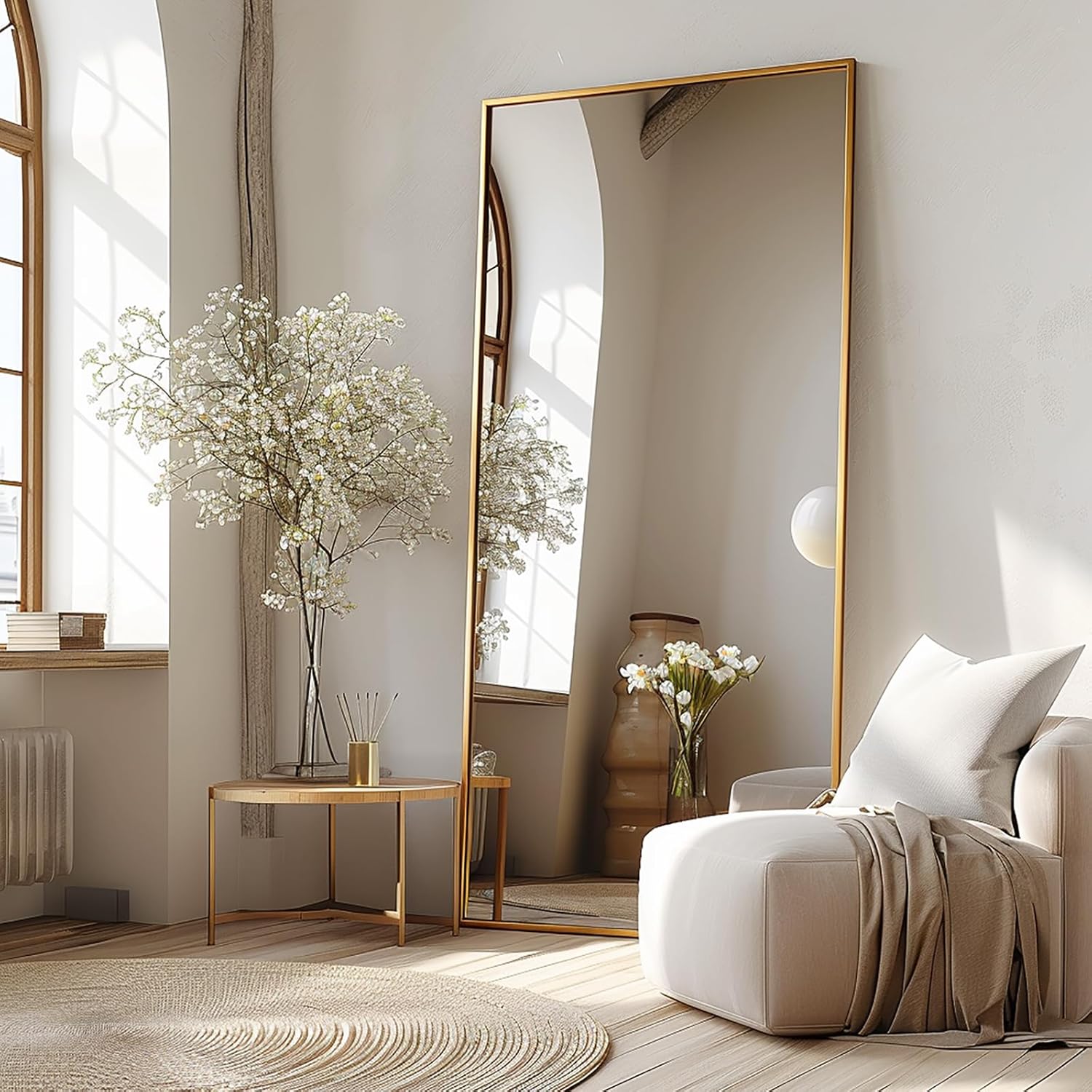 Melodieux Ganzkörperspiegel 180x76cm in voller Länge Modern Großer Freistehender Spiegel Gold Aluminiumrahmen Ankleidespiegel Wandmontierter Wand Hängend Gelehnt Spiegel für Wohnzimmer Schlafzimmer