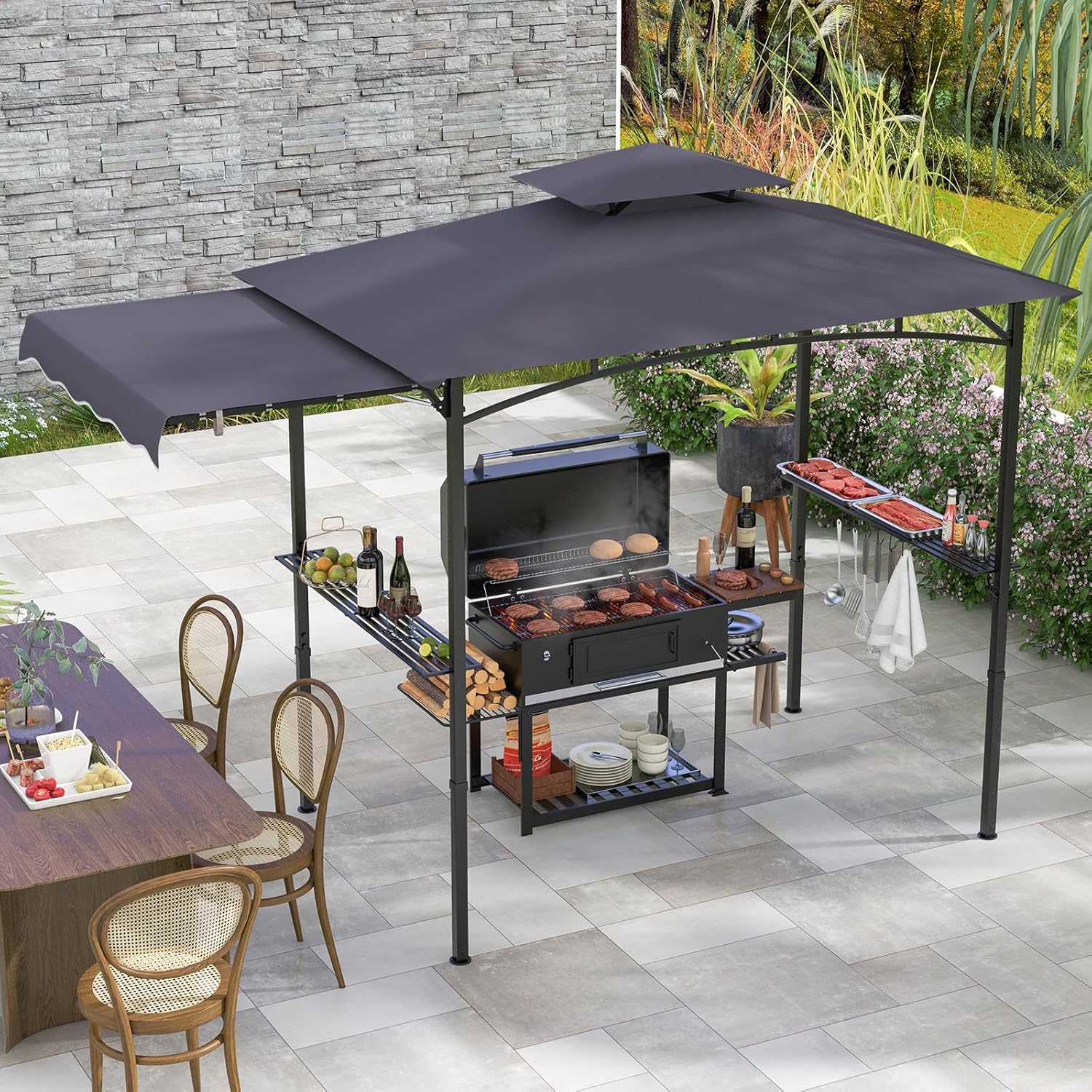 COSTWAY Grillpavillon mit Seitenmarkise, Doppeldach, 2 Seitenregalen & Haken, Gartenpavillon BBQ Pavillon, Grillüberdachungen wetterfest, Grillunterstand Garten Partys, 318x153x250 cm (Dunkelgrau)