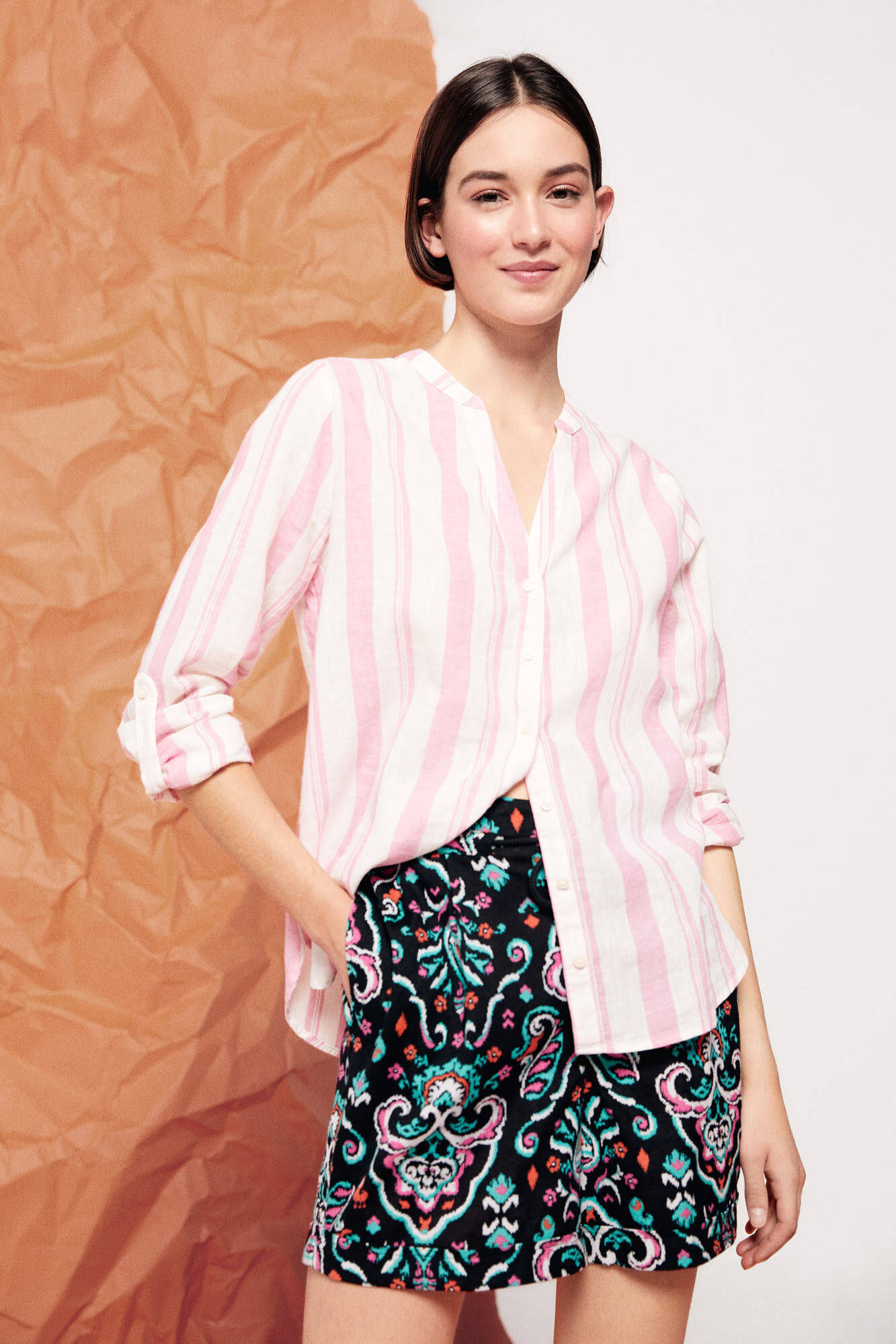 Camisa de gola mandarim em linho e algodão - Rosa