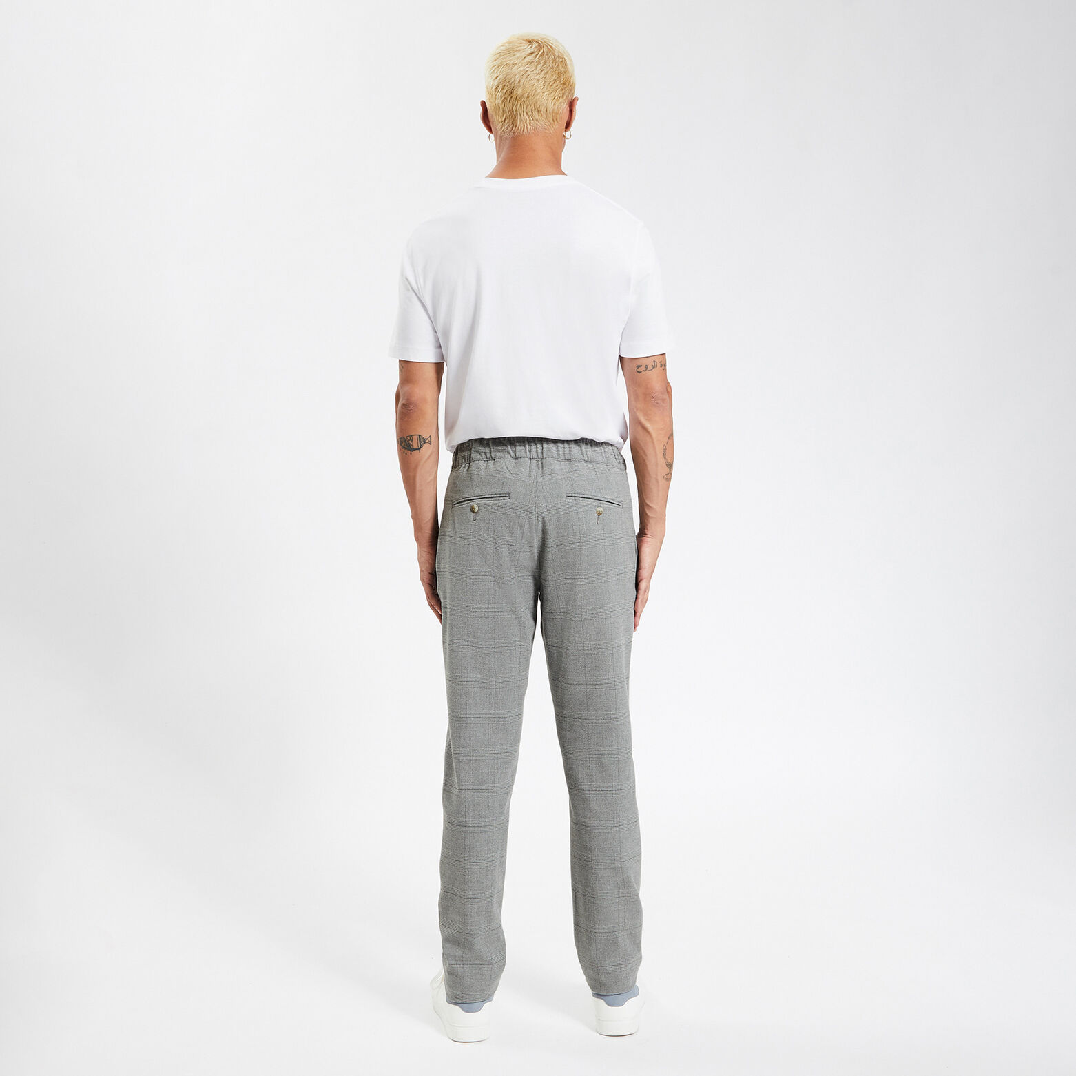 Pantalon chino slim ceinture élastiquée à carreaux Gris clair