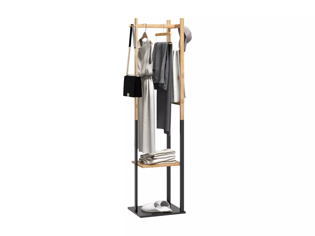 Portant pour vêtements en bambou, Porte-manteau en Bois avec tringle, étagères, patère, 4 barres latérales dim. 46L x 28,5l x 153,5H cm