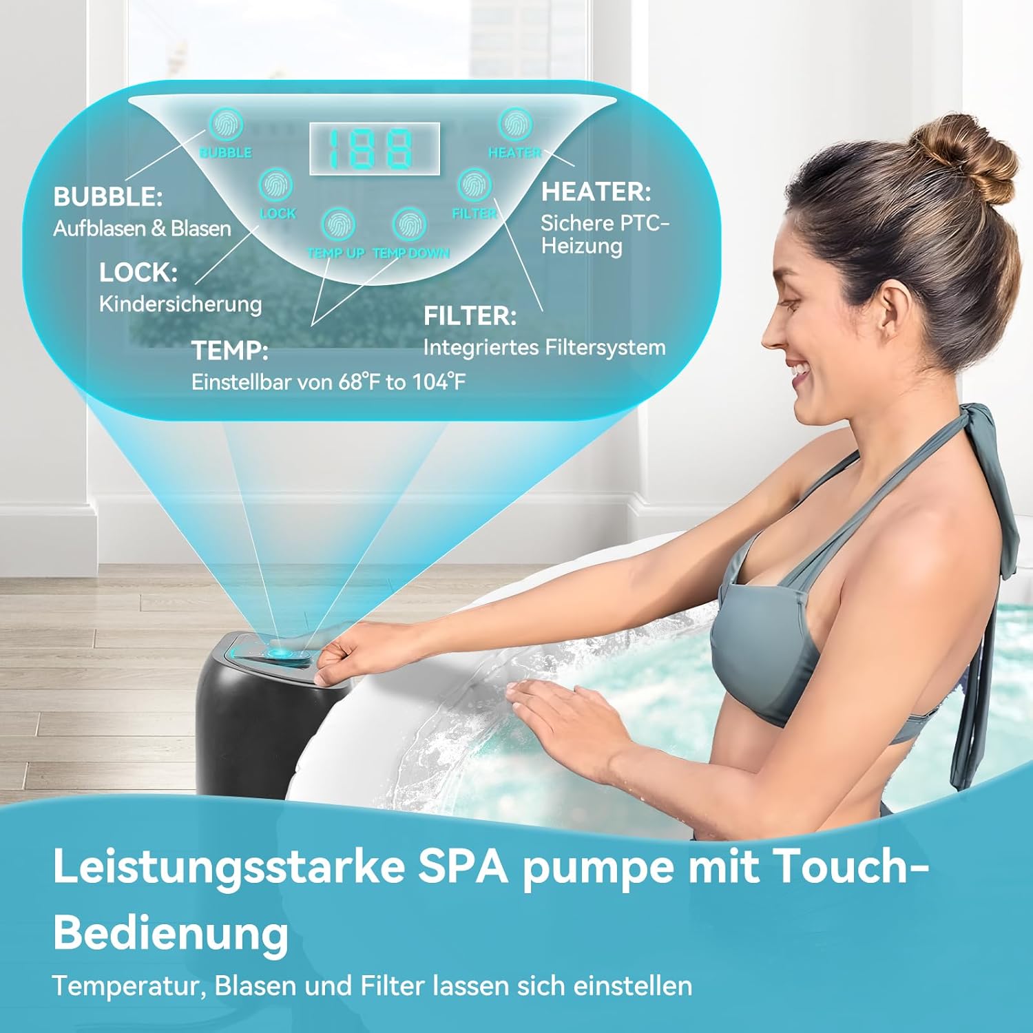Hot Tub Aufblasbar für 4 Personen, 2400W In/Outdoor SPA Pool Winterfest Mit 120 LuftdüSen, Frostschutz, 799 Liter, Auslaufsichere, Energiesparend, Auto Aufblasen, Bubble Spa & Wellness Massage