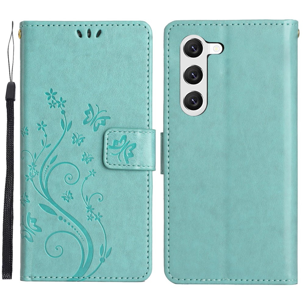 Samsung Galaxy S23 5G Leder Tasche mit Kartenfach   Handschlaufe Butterfly Flowers - Türkis