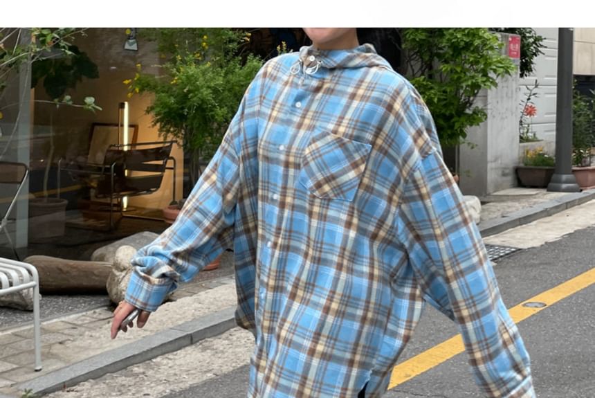SeoulPop - Unisex geruit overhemd met lange mouwen en losse pasvorm en capuchon