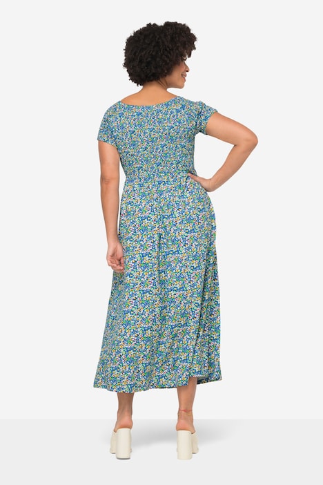 Jersey-Maxikleid, Alloverdruck, gesmokte Büste, Halbarm