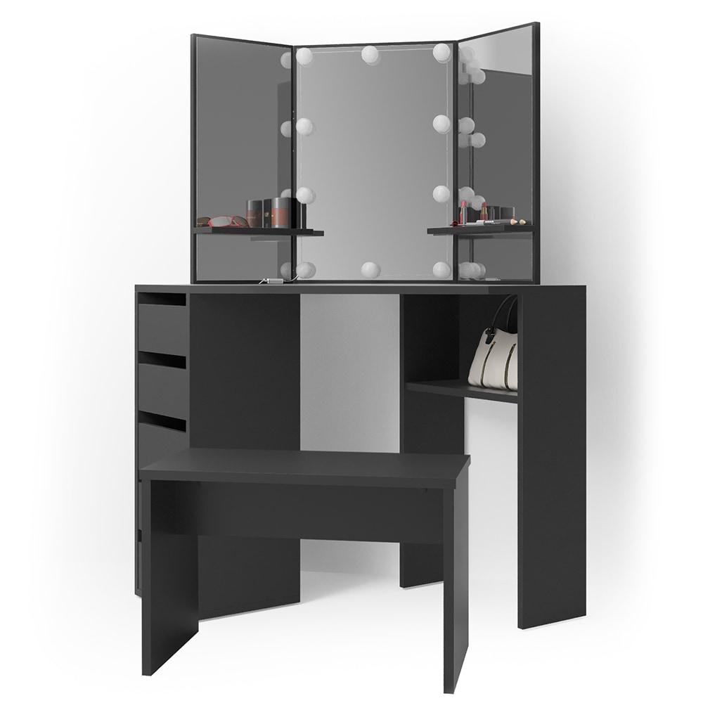 Vicco Eckschminktisch Arielle Frisiertisch Kommode Frisierkommode Spiegel Schwarz inklusive Bank und LED-Lichterkette