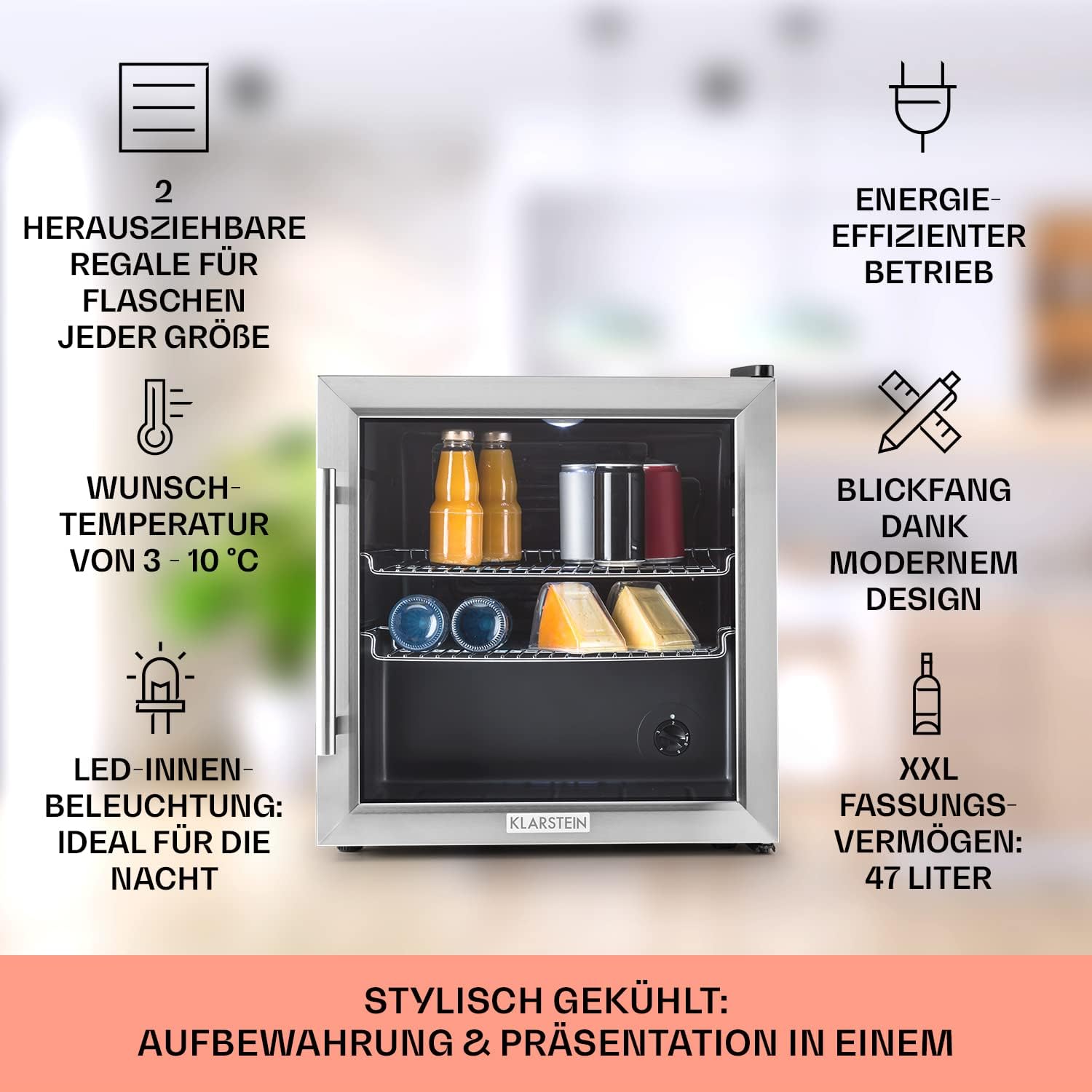 Klarstein Getränkekühlschrank, Kühlschrank Klein mit 2 Ablagen, Minikühlschrank Lautlos für Büro Camping Outdoor mit Glastür, Mini Fridge 3-10°C, Bierkühlschrank 47L, Silber/Schwarz