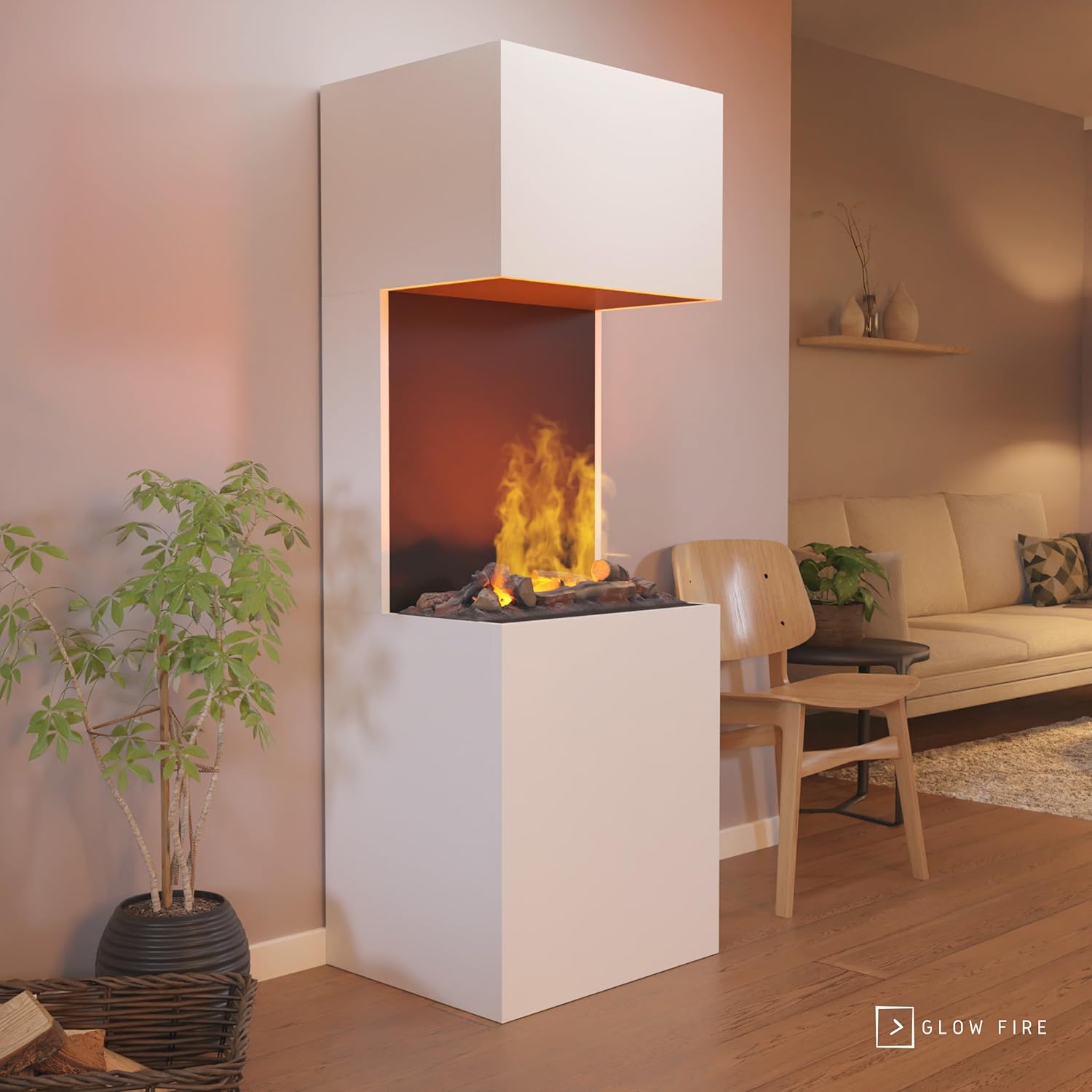 GLOW FIRE Wasserdampf Kamin Beethoven (Standkamin) - Elektrokamin mit realistischen LED 3D-Flammen, Knistereffekt & Fernbedienung, 60x170x50 cm - Opti-Myst 600 Elektro Kamin mit Holz-Deko, Weiß