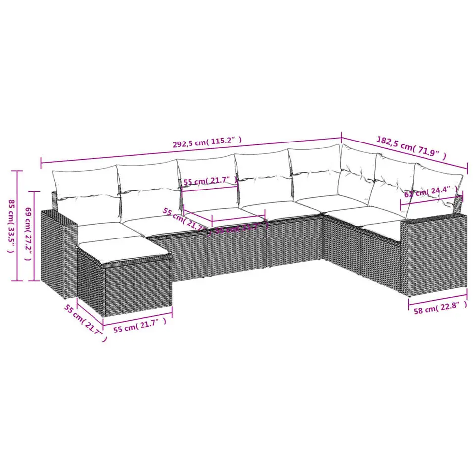 vidaXL Loungeset met kussens en kruk - Grijs - Poly rattan - 8 stuks