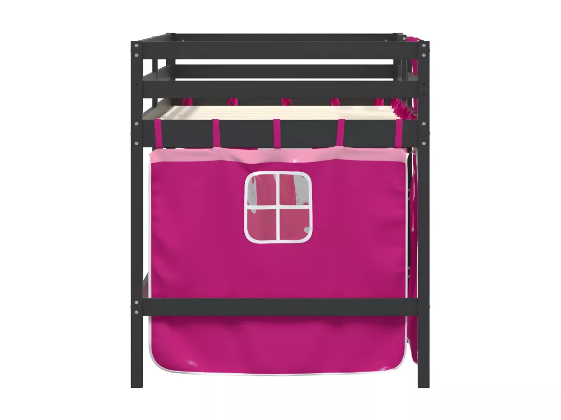 Lit mezzanine enfants et rideaux rose 90x200cm bois pin massif