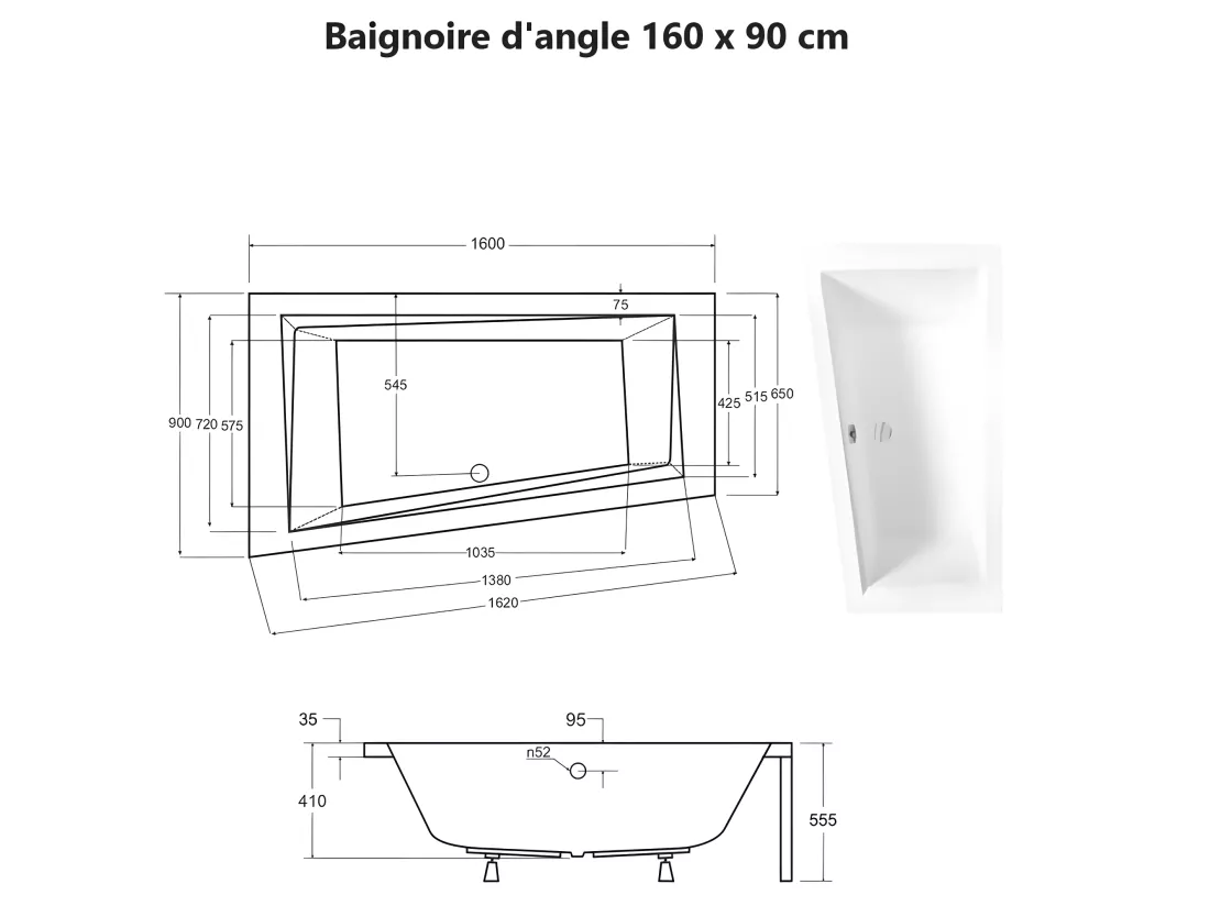 Baignoire asymétrique + tablier noir + repose tête - INTIMA - 160 x 90 cm - Gauche