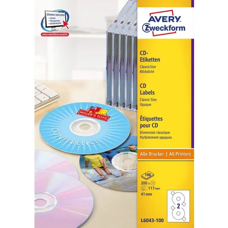 Avery Zweckform L6043-100 CD-Etiketten ClassicSize,A4 Ø 117 mm, 100 Bogen/200 Etiketten, weiß