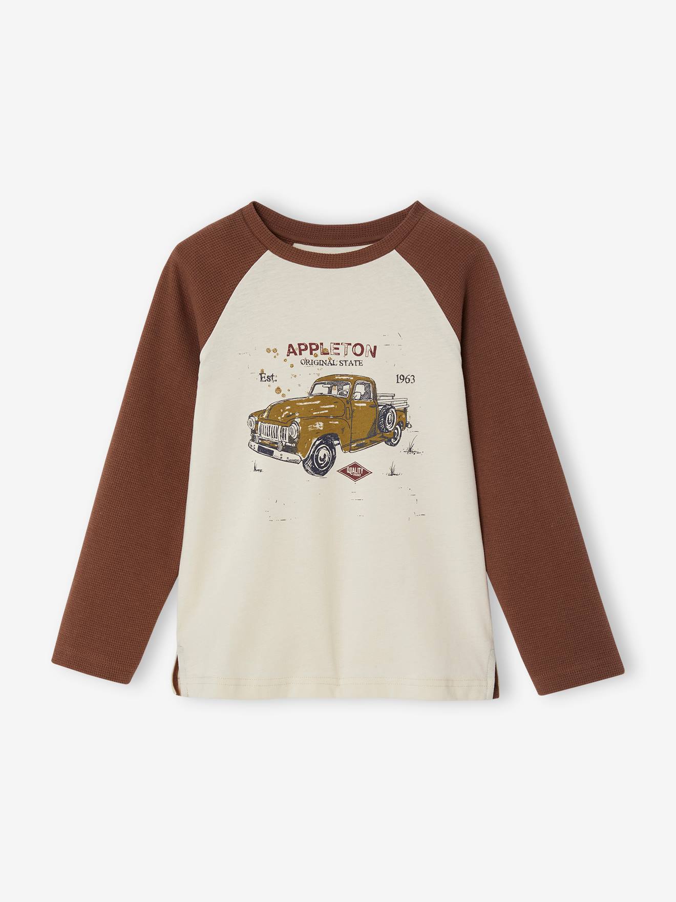 Camiseta infantil masculina em malha favo de mel com mangas raglan compridas e estampa de carro, na cor mocha.