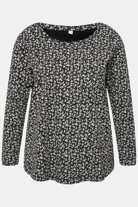 T-Shirt, A-Line, Blütenmuster, Rundhals, Langarm, offenkantige Abschlüsse