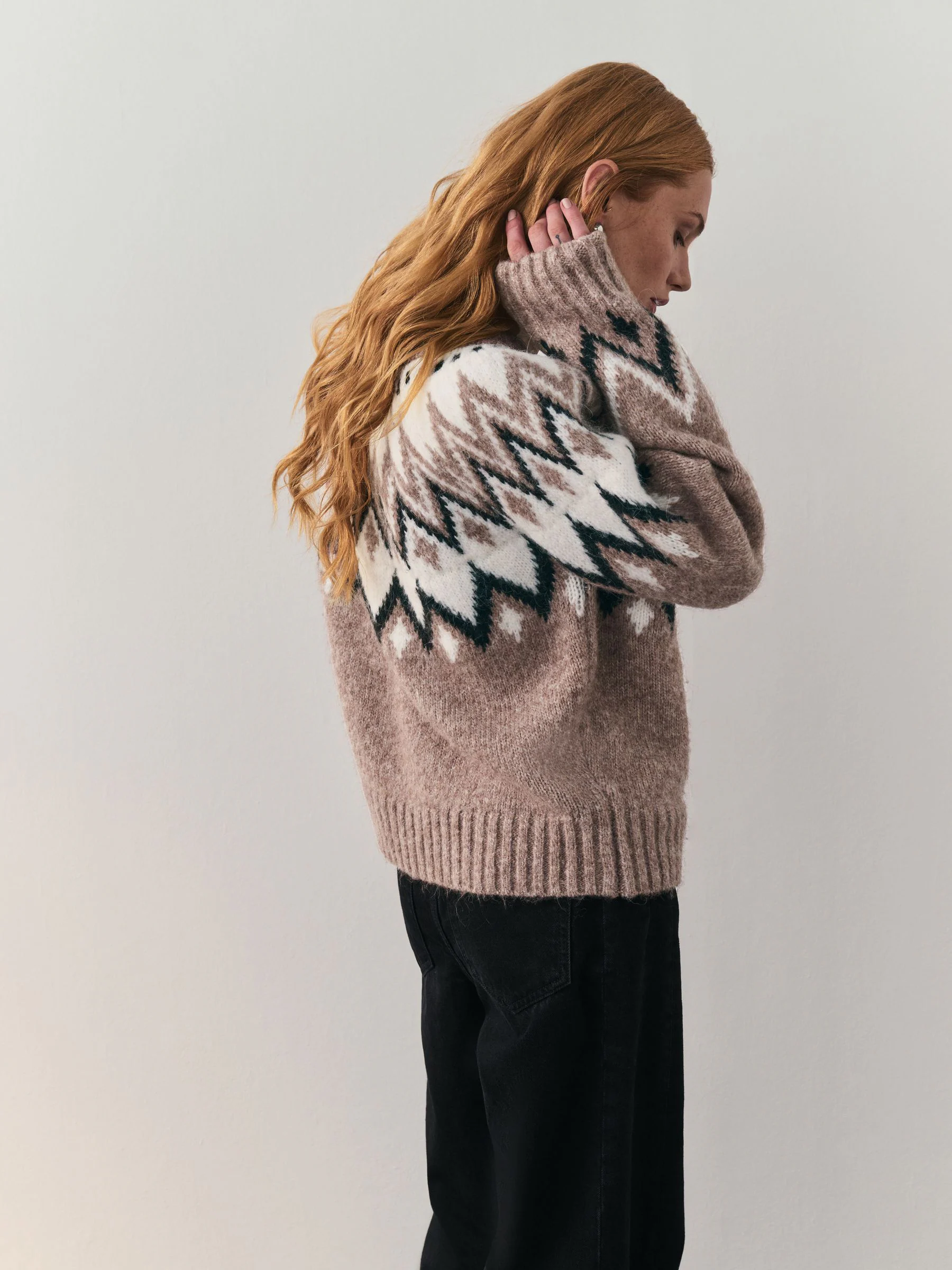 Taupe - Nothing Ordinary Check Fairisle Pattern Knit Zip Through Jumper With Wool