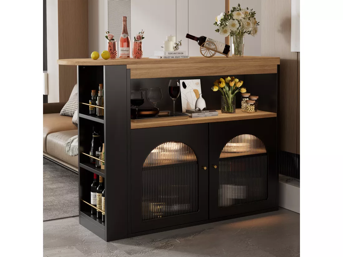 Meuble de bar pivotant - 2 portes, 3 étagères de rangement & niche - MDF plateau effet bois - LEDs - Naturel et noir