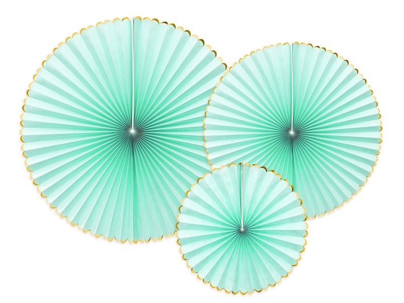 Papieren Waaiers Mintgroen Goud Set 23-40cm 3 delig