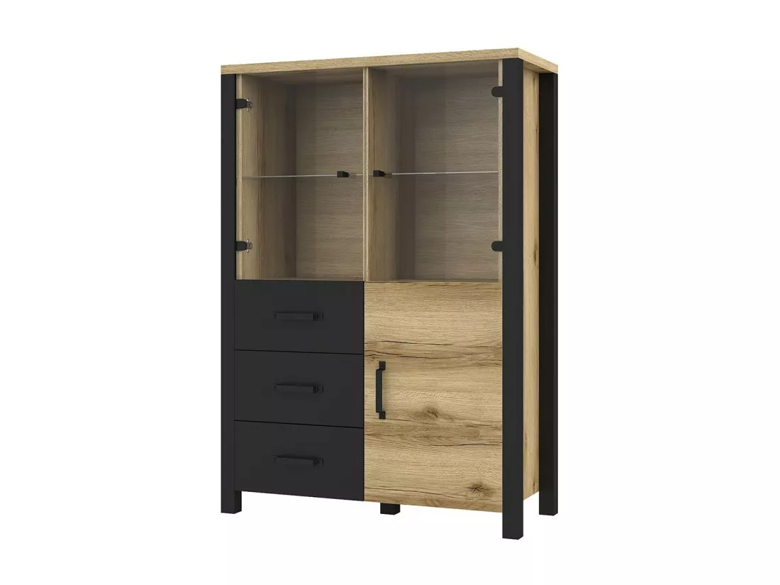 Buffet haut collection DARWIN. Couleur chêne clair et noir. 3 portes et 3 tiroirs.