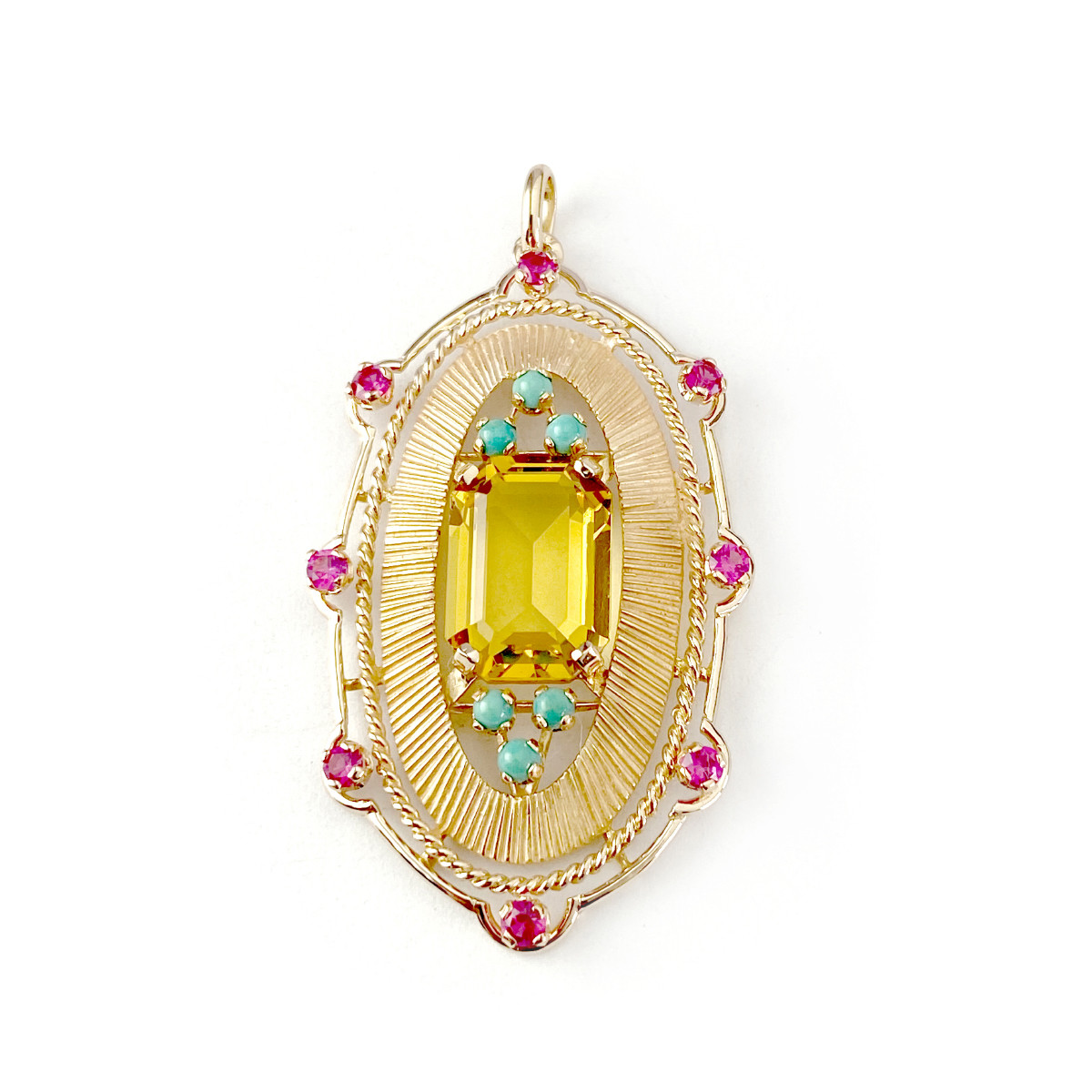 Pendentif d'occasion or 750 jaune verre jaune rubis synthétique turquoises
