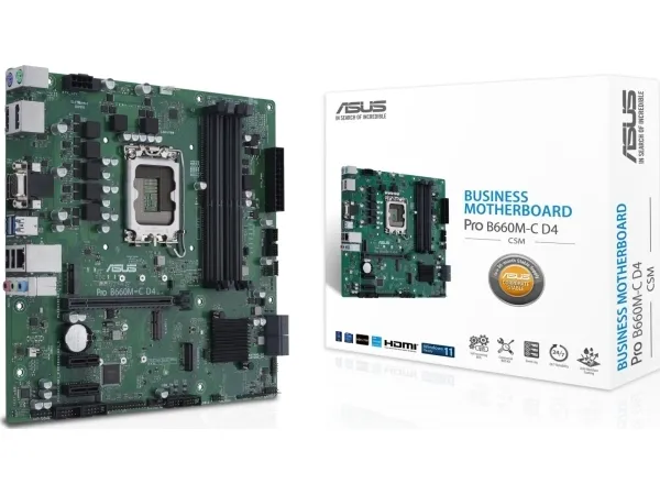 ASUS PRO B660M-C D4-CSM - Bundkort - micro ATX - LGA1700 sokkel - B660 Chipset - USB 3.2 Gen 1, USB-C Gen1 - Gigabit LAN - onboard grafik (CPU påkrævet) - HD Audio (8-kanaler)