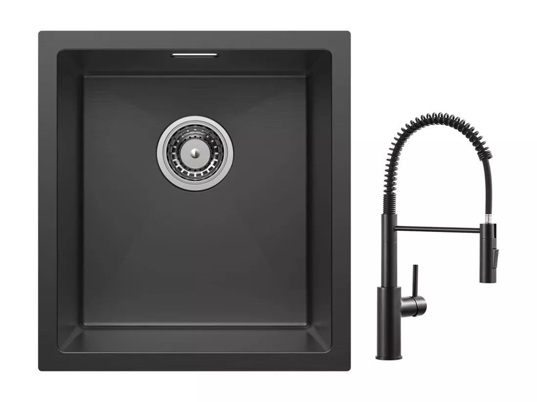 Cecipa max Évier Encastré 40*44*19 cm - Noir Évier de Cuisine 1 Bac en Acier Inoxydable + Mitigeur Cuisine à Ressort Noir avec Douchette Extractible