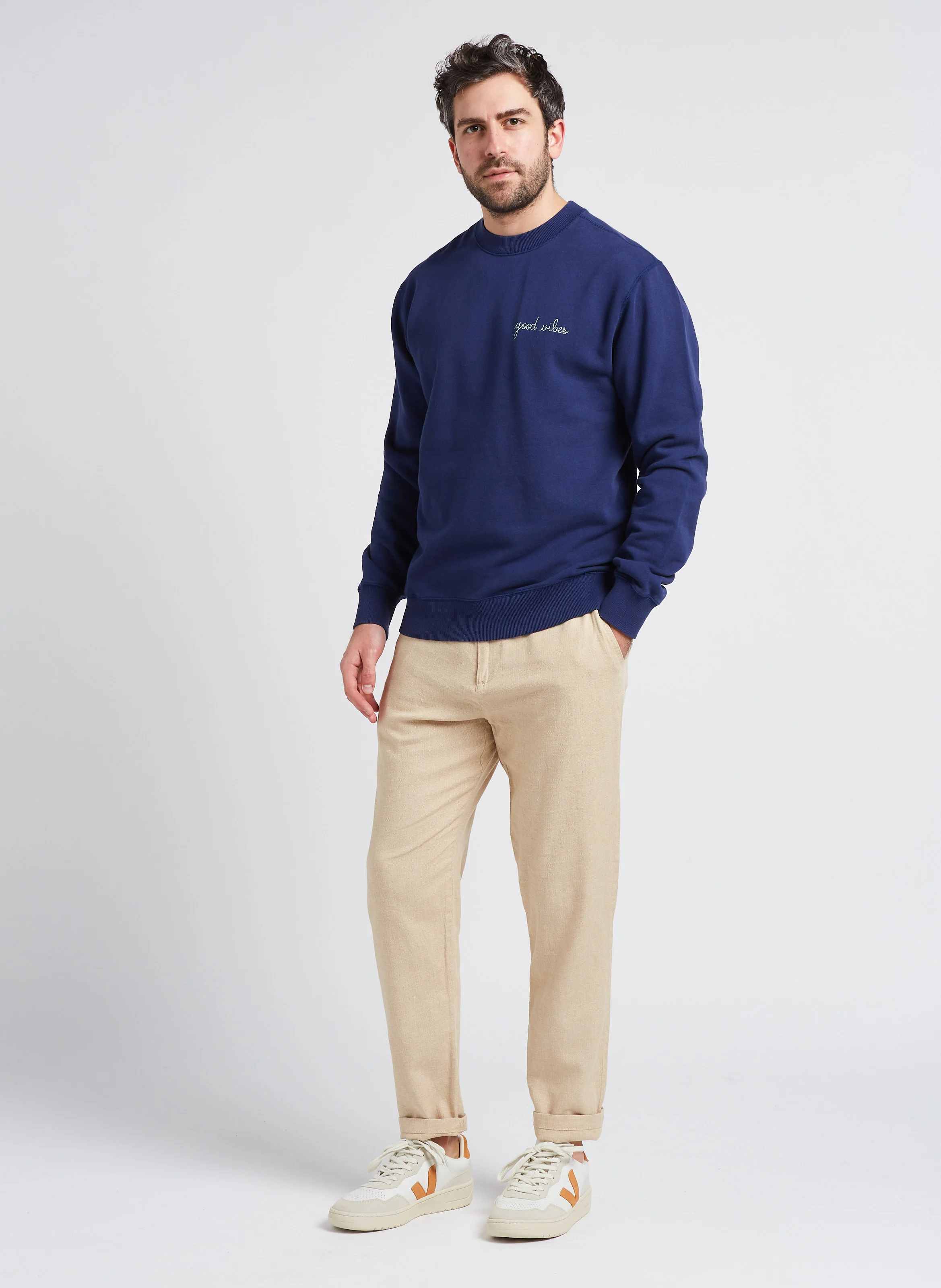 Pantalon droit en coton bio mélangé| Beige