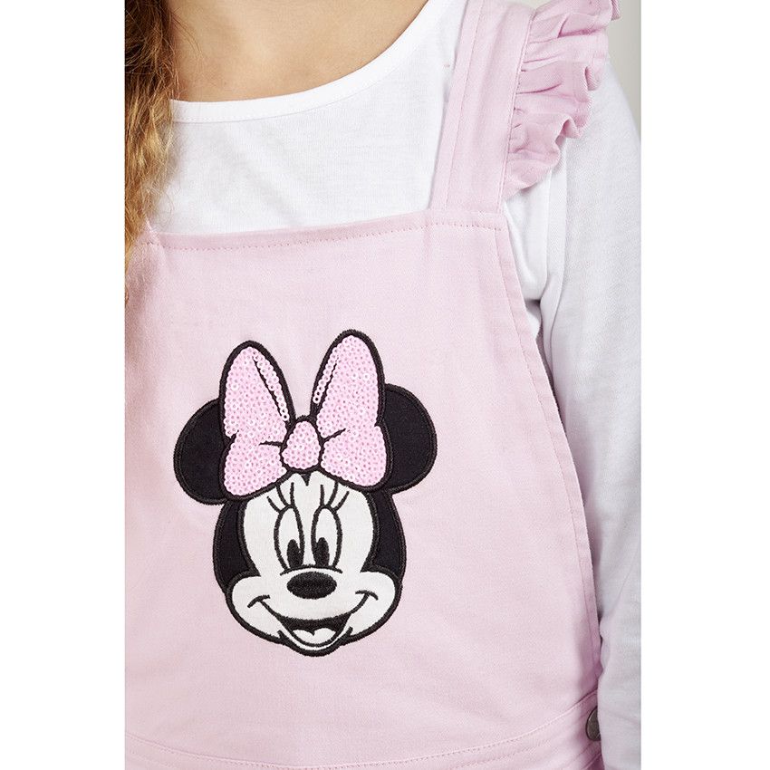 Robe salopette en twill patch Minnie Disney avec sequins pour fille - Lilas