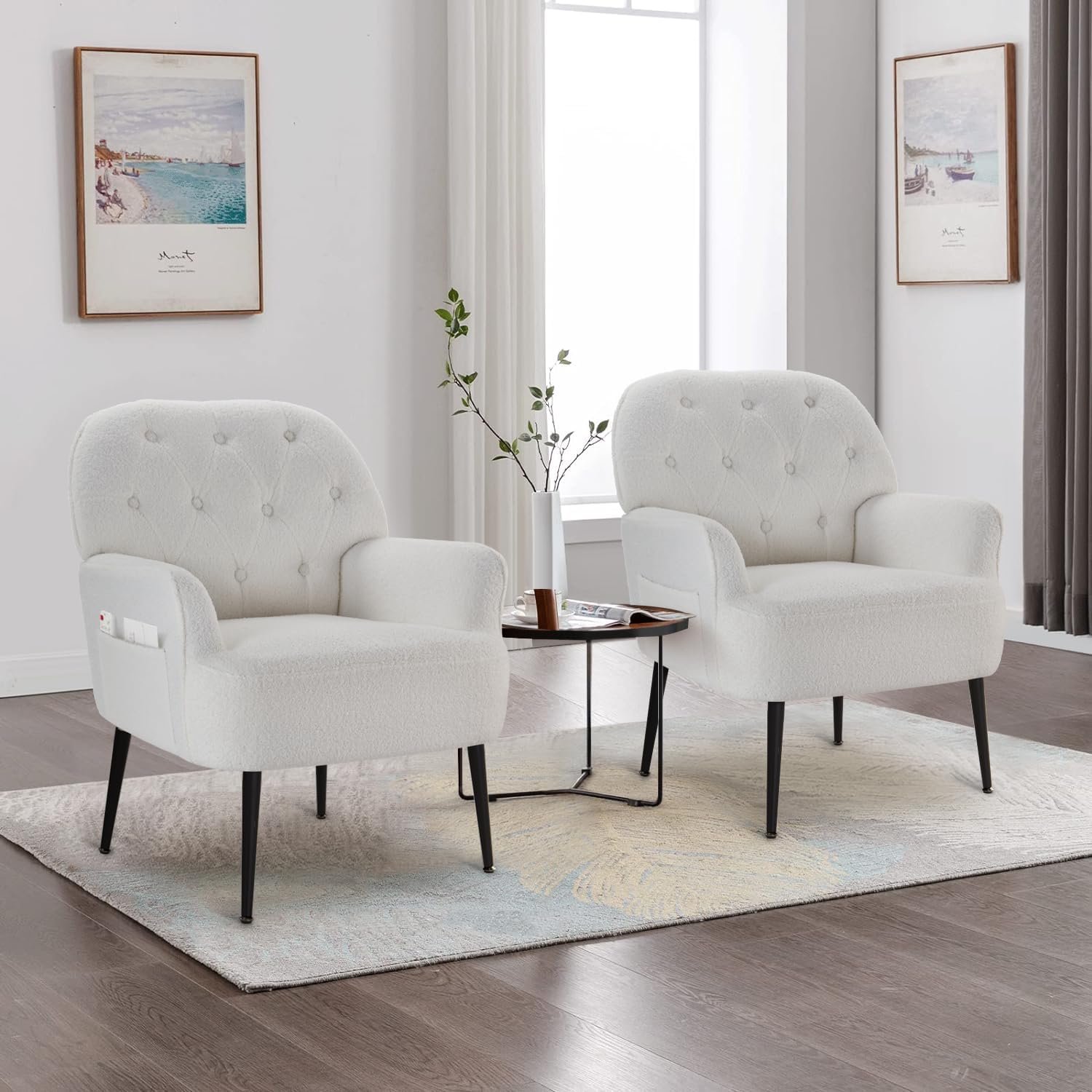 IWMH Sessel Wohnzimmer mit Armlehnen und Seitentasche, Gepolsterter Loungesessel Mit Stabilen Metallbeinen, Einfacher Aufbau für Schlafzimmer, Büro (2er Set, Weiß)