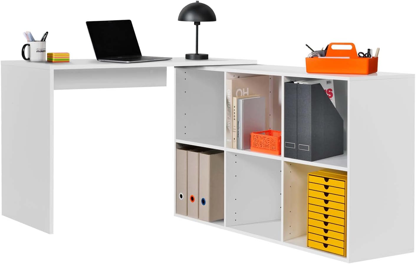 mokebo Eckschreibtisch klein in Weiß mit Stauraum 'Der Produktive', auch als Schreibtisch, Computertisch oder Arbeitstisch im Büro, Kinderschreibtisch oder Gaming Tisch in 112x77x54 (B/H/T in cm)
