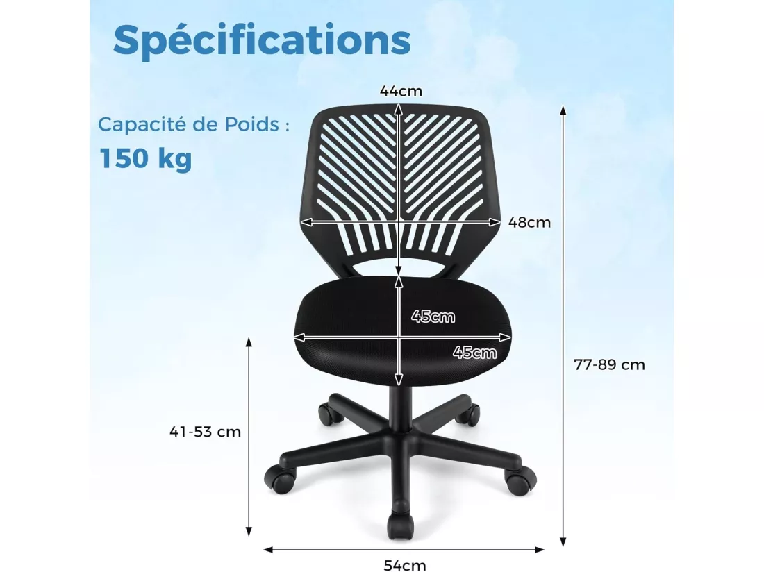 Chaise de Bureau Pivotante Enfants avec Hauteur Réglable 77-89cm, Siège à roulettes avec Dossier Ergonomique & Base à 5 Étoiles, Charge 150kg pour Enfant Adolescent Adulte(Noir)