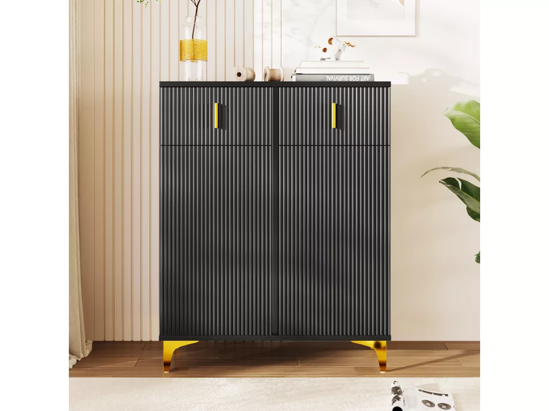 Meuble à chaussures avec 2 portes et 2 tiroirs, buffet - 82 x 35 x 101 cm - Panneaux de particules - Coloris noir