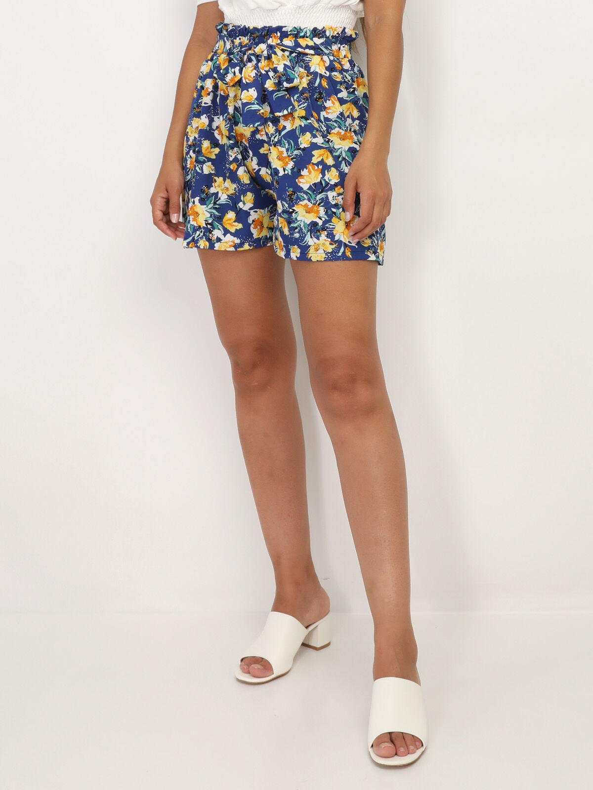 Short fluide à imprimé floral- Bleu