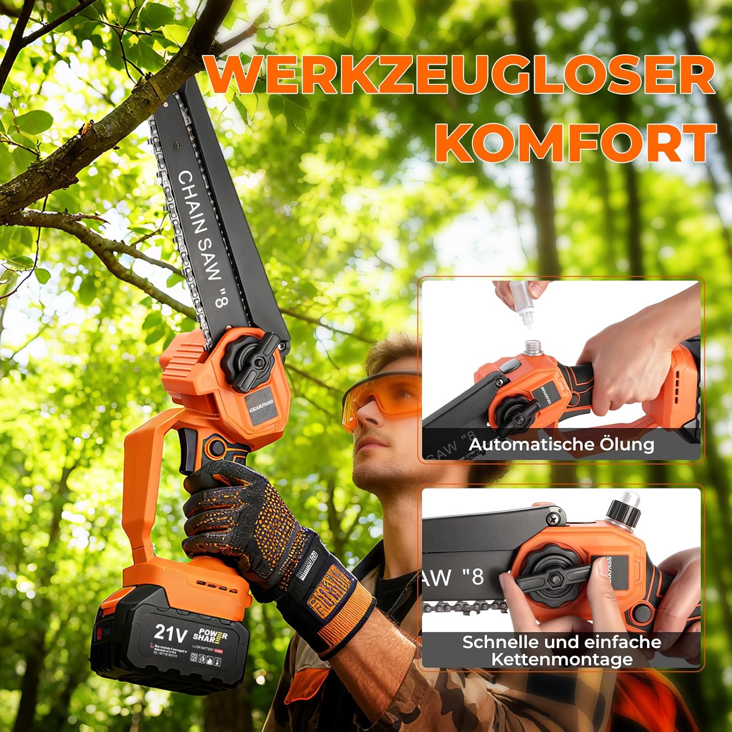 4-in-1 Akku-Hochentaster, 20cm Mini-Kettensäge & elektrische Gartenschere mit bürstenlosem Motor, automatischer Ölung 4,5 m Reichweite, 2 x 21V 3,0 Ah Akkus für Baumschnitt & Holzbearbeitung