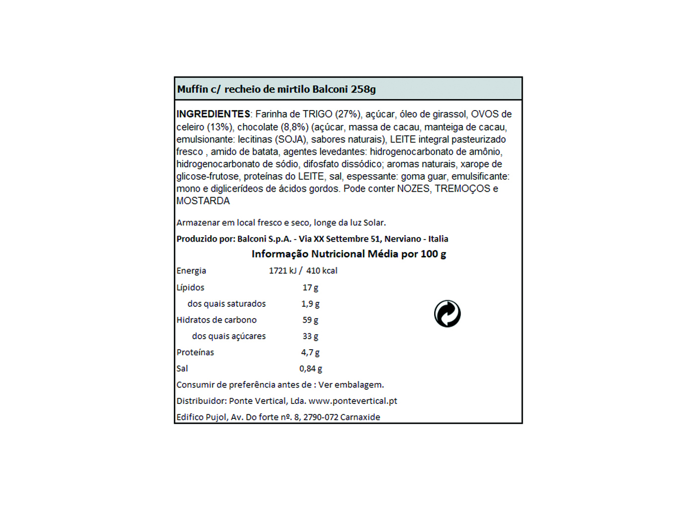 MUFFIN BALCONI RECHEIO DE MIRTILO 258 G
