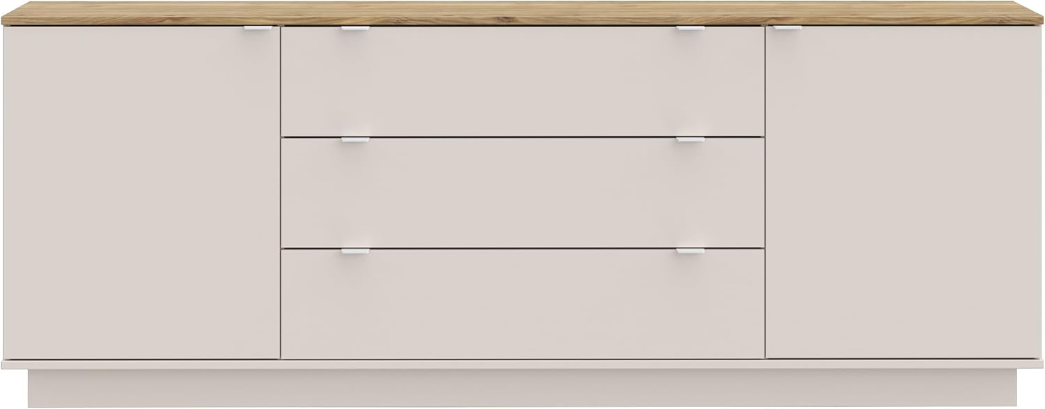 Forte GANYMEDE Sideboard 230, minimalistisches Sideboard, 2-türig, 3 Schubladen, Holzwerkstoff, Wohn-/Schlafzimmer, Mauvella Eiche Holzdekor|Kaschmirbeige, 224,5 cm breit x 85,7 cm hoch x 41,3 cm tief