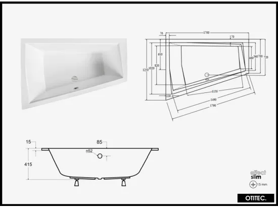 Baignoire Asymétrique à Encastrer - 170 x 125 cm - GAUCHE - INTIMA DUO SLIM - 2 REPOSE-TÊTES OFFERTS