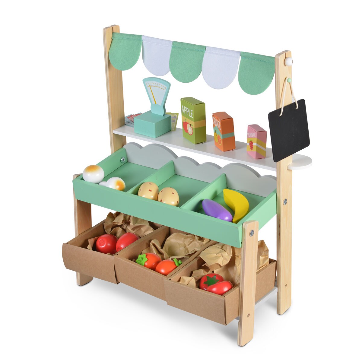 Moni Kinder Marktstand 4425 Holz 50cm hoch Supermarkt Lebensmittel Einkaufsliste grün