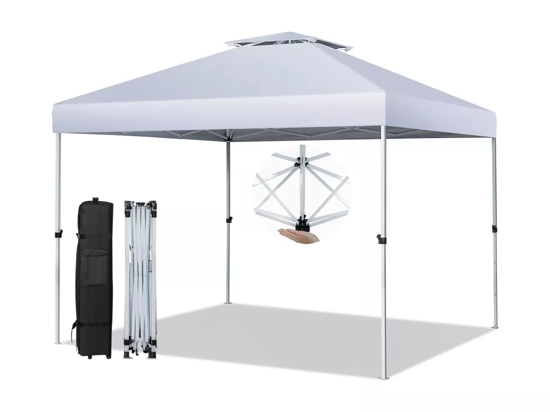 Tonnelle de Jardin Instantanée 305x305cm Toit Double Ventilé, Tente de Jardin Anti-UV Imperméable à 3 Hauteurs 217/246/275CM avec Sac à roulettes pour Patio CamBoisg (Blanc)
