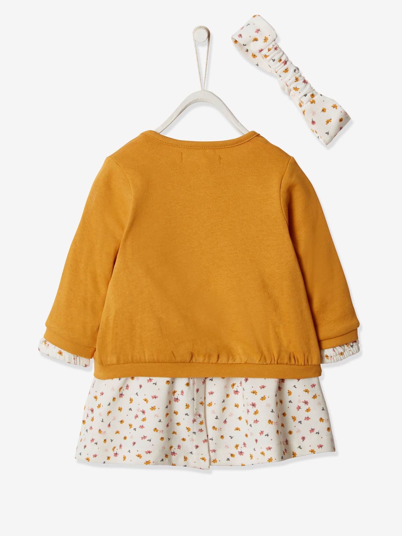Conjunto de 3 peças com vestido + casaquinho + faixa de cabelo, para meninas, na cor rosa antigo.