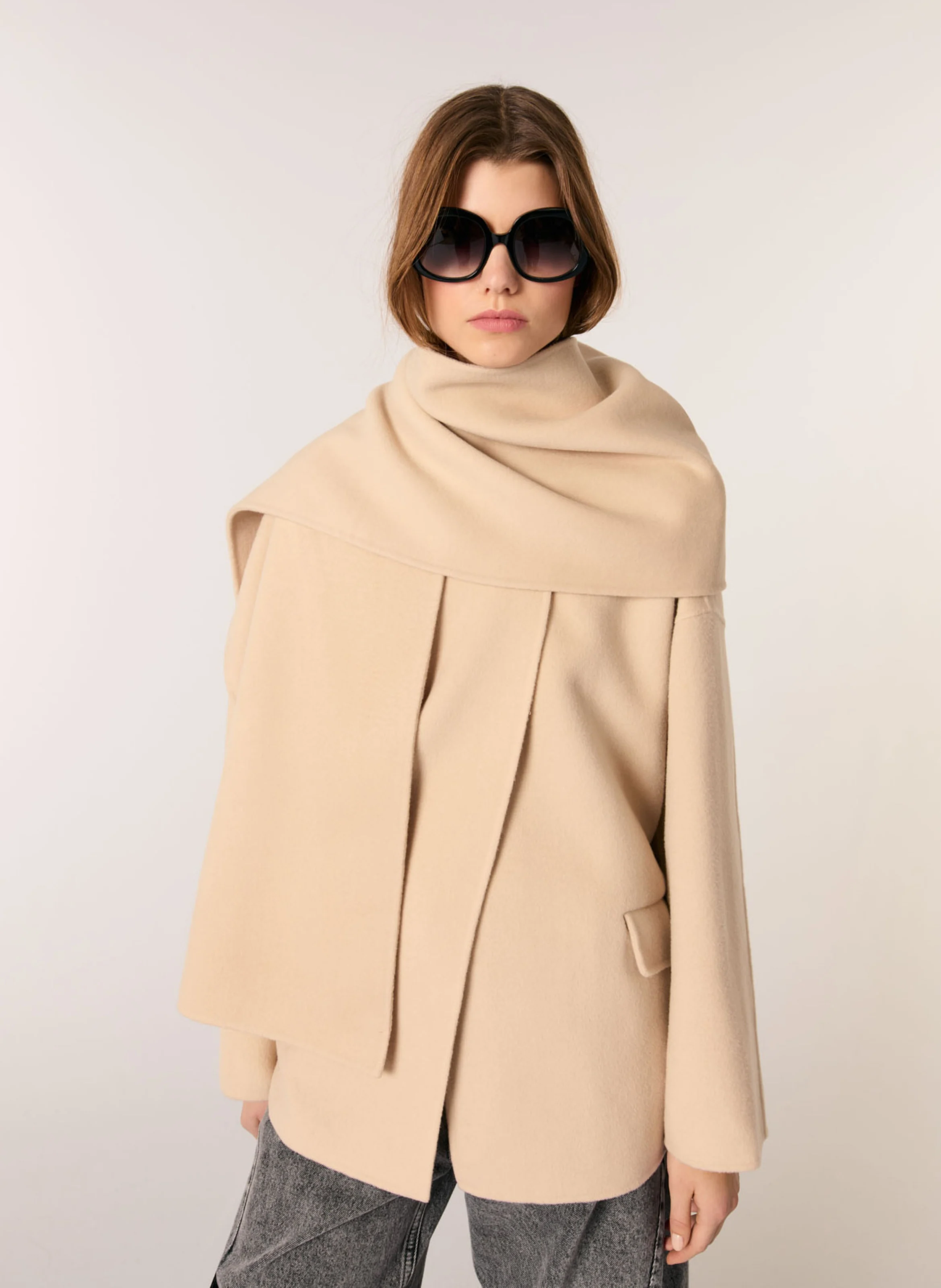 Manteau écharpe intégrée en laine mélangée| Beige