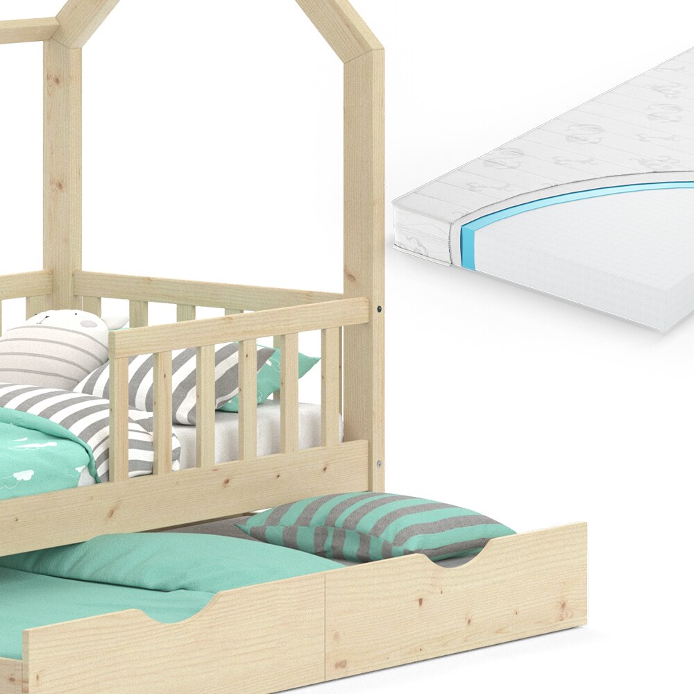 VitaliSpa Kinderbett Hausbett Gästebett Wiki Natur 80x160cm Schublade Matratze